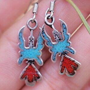 Vintage Native American 925 sterling silver turquoise and coral chip inlay thund